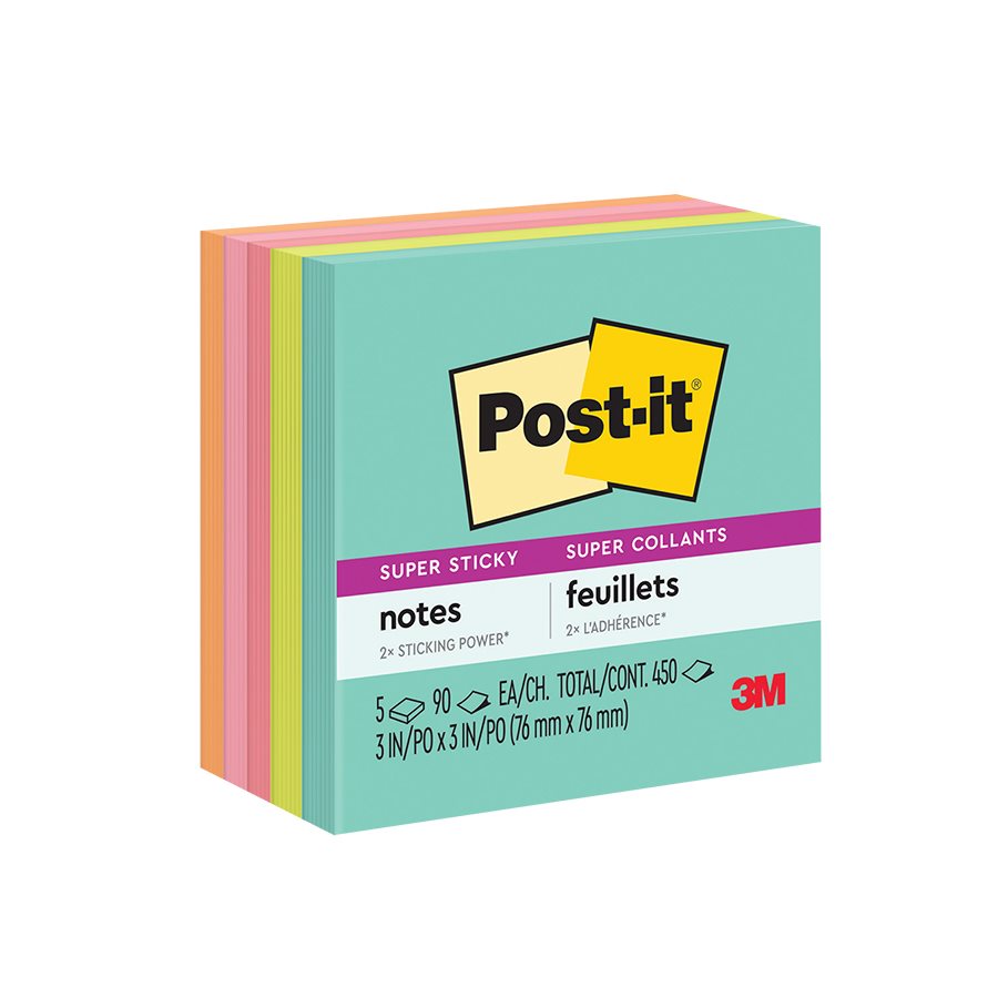 Feuillets Post it Super Sticky collection Éclat de lumière 3 x 3 po